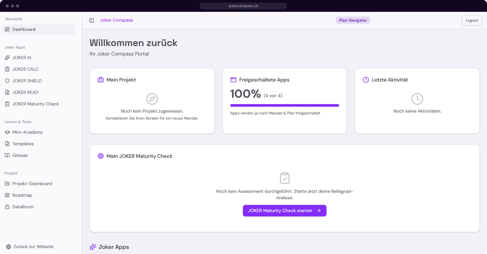 Joker Compass Portal mit den Werkzeugen JOKER AI, JOKER CALC, JOKER SHIELD, JOKER READ und Maturity Check